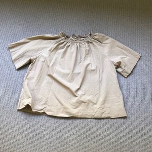 Uniqlo khaki cotton short sleeve ruffle neck top